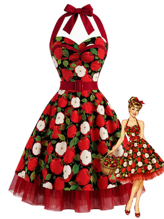 Rotes 50er Swingkleid mit Apfel-Print und Neckholder