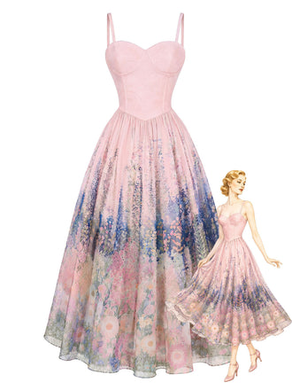 50er Netzkleid mit Ölgemaelde-Blumen