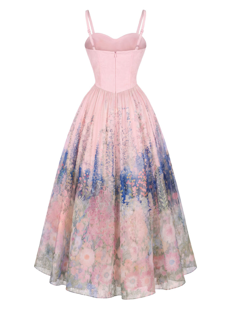 50er Netzkleid mit Ölgemaelde-Blumen