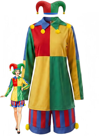 40er Clown-Kostümset mit Farbblock-Top, gestreiften Shorts und Hut