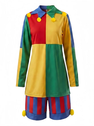 40er Clown-Kostümset mit Farbblock-Top, gestreiften Shorts und Hut