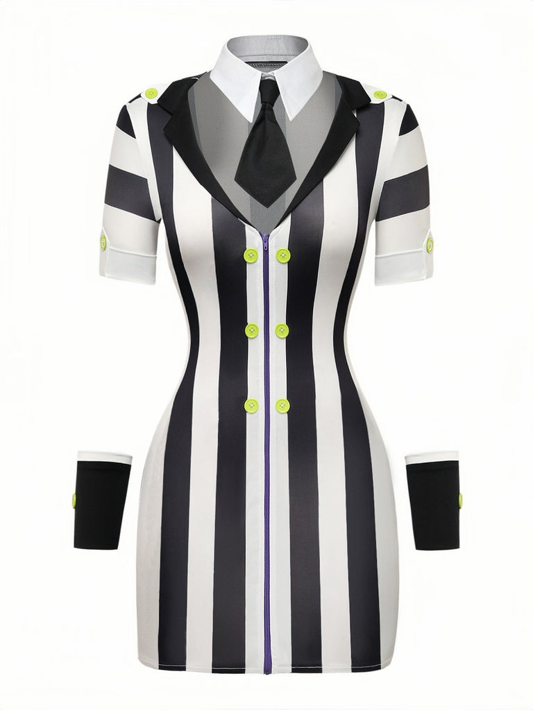 Schwarzes & Weißes 60er Bleistiftkleid mit Streifen