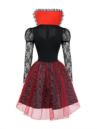 Rotes 50er Halloween Netz-Kleid mit Patchwork und Spitze