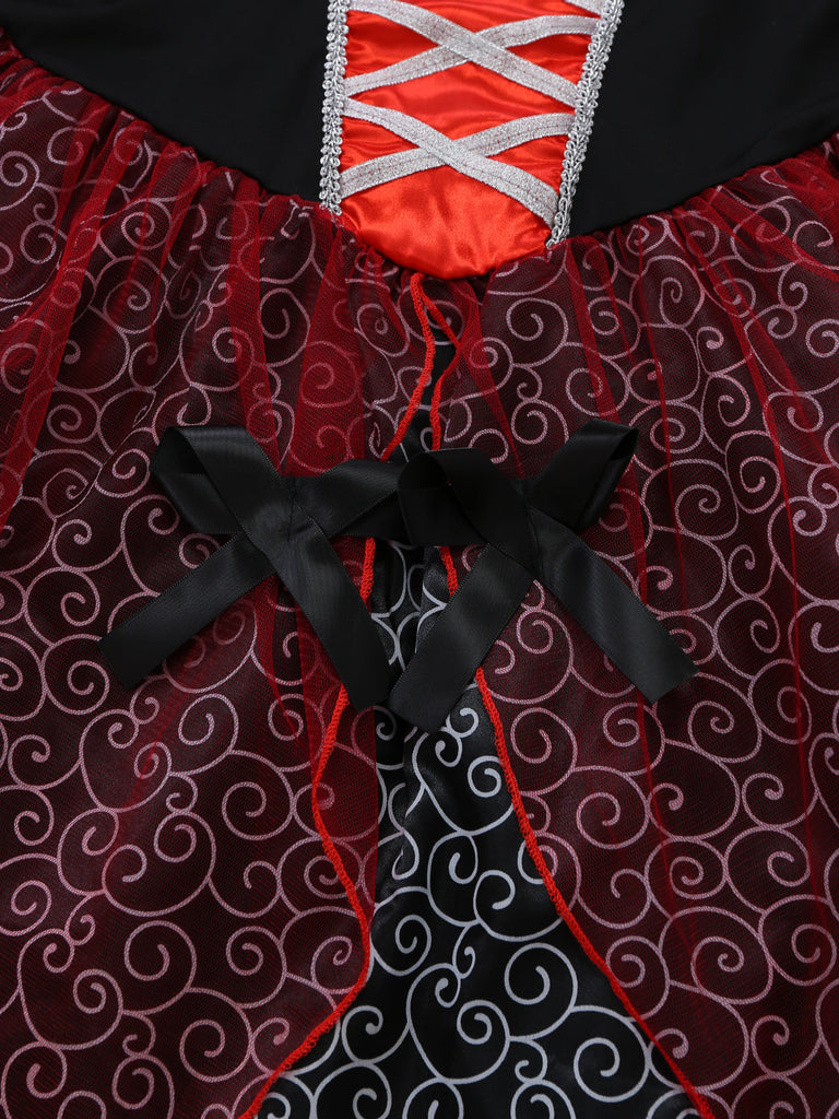 Rotes 50er Halloween Netz-Kleid mit Patchwork und Spitze