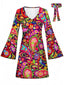 Mehrfarbiges 60er Hippie-Minikleid mit Paisley-Print und Trompetenärmeln