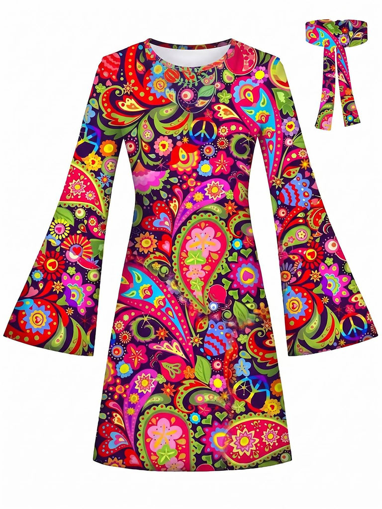 [Vorverkauf] Mehrfarbiges 60er Hippie-Minikleid mit Paisley-Print und Trompetenärmeln