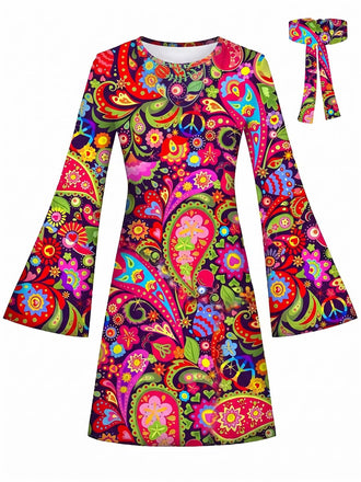 [Vorverkauf] Mehrfarbiges 60er Hippie-Minikleid mit Paisley-Print und Trompetenärmeln