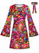 [Vorverkauf] Mehrfarbiges 60er Hippie-Minikleid mit Paisley-Print und Trompetenärmeln