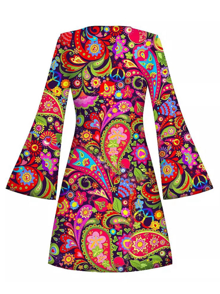[Vorverkauf] Mehrfarbiges 60er Hippie-Minikleid mit Paisley-Print und Trompetenärmeln