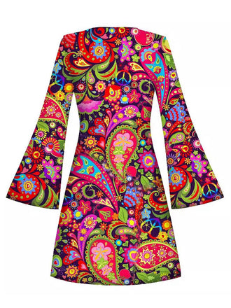 [Vorverkauf] Mehrfarbiges 60er Hippie-Minikleid mit Paisley-Print und Trompetenärmeln