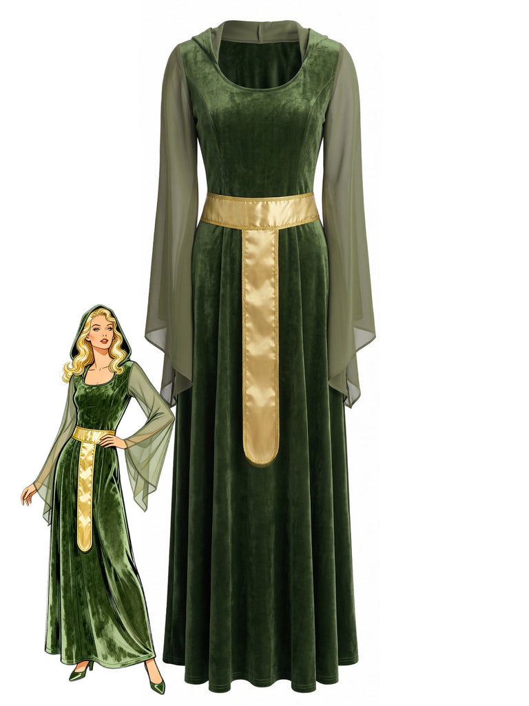 Grünes 30er Mittelalter-Samtkleid mit transparenten Glockenärmeln