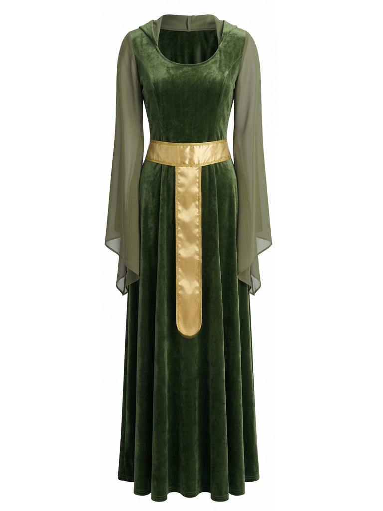 Grünes 30er Mittelalter-Samtkleid mit transparenten Glockenärmeln