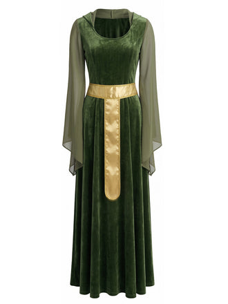 Grünes 30er Mittelalter-Samtkleid mit transparenten Glockenärmeln