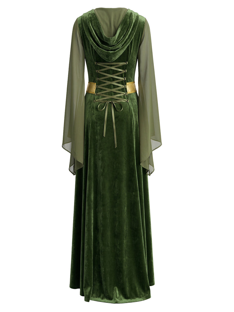 Grünes 30er Mittelalter-Samtkleid mit transparenten Glockenärmeln