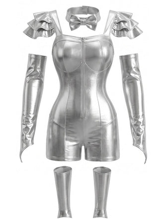 Silbernes 50er Halloween Metallic-Set mit Body und Armstulpen
