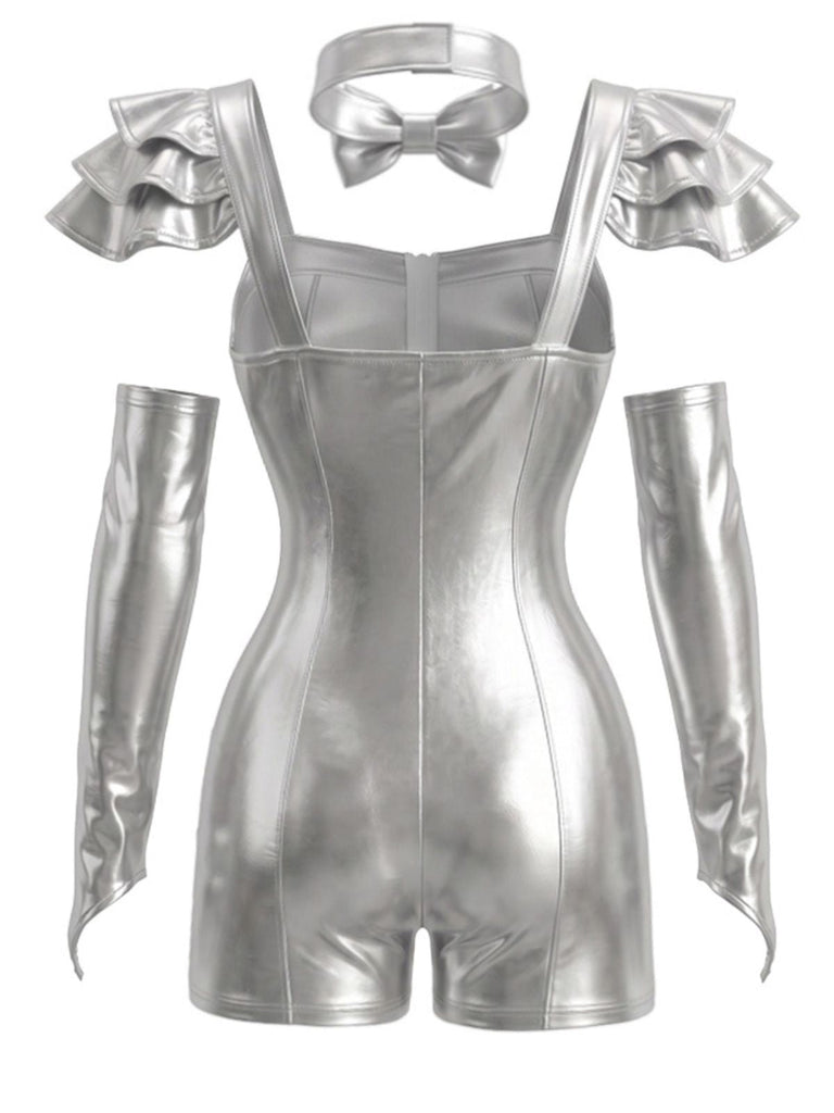 Silbernes 50er Halloween Metallic-Set mit Body und Armstulpen