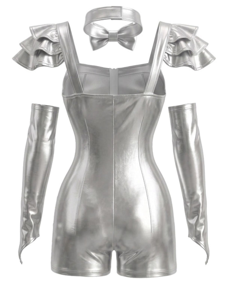Silbernes 50er Halloween Metallic-Set mit Bodysuit und Armstulpen