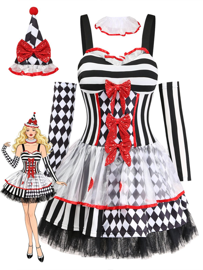 80er Halloween Harlekin-Set mit Rauten-Kostümkleid und Tüllrock