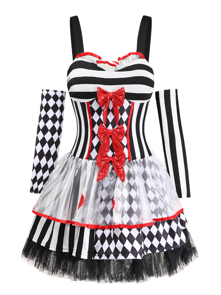 80er Halloween Harlekin-Set mit Rauten-Kostümkleid und Tüllrock