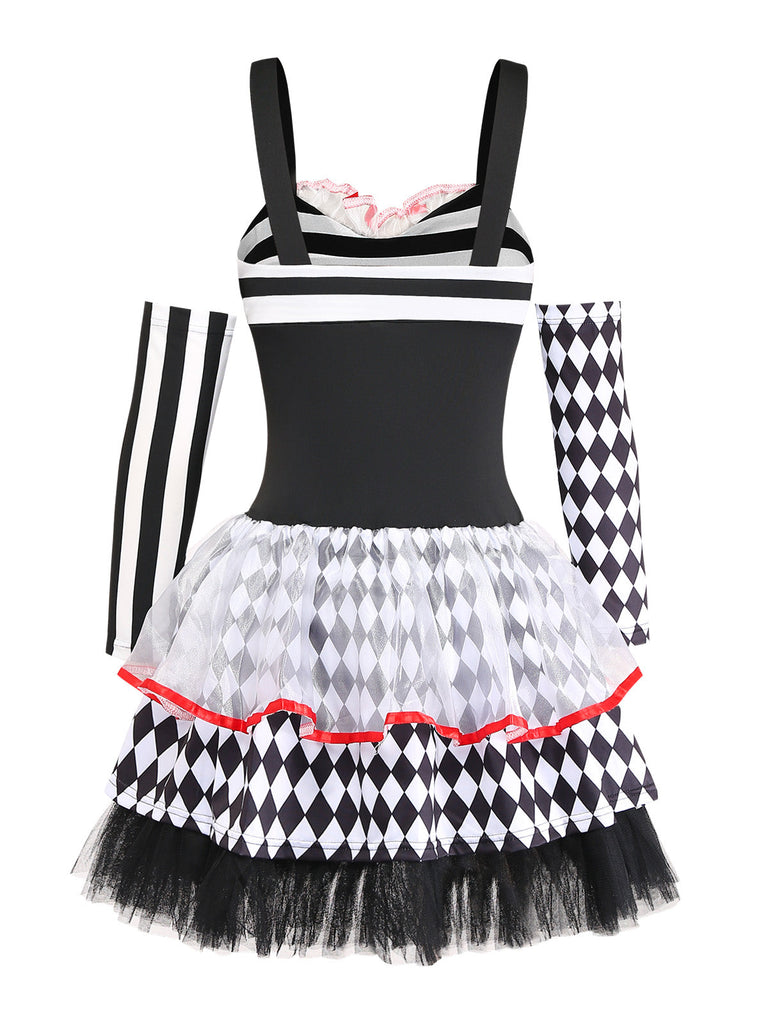 80er Halloween Harlekin-Set mit Rauten-Kostümkleid und Tüllrock