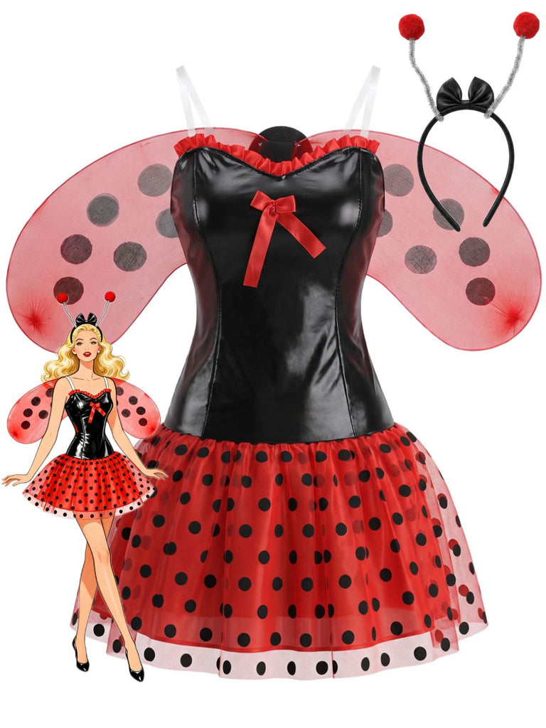 60er Marienkäfer-Kostüm-Set mit Polka-Dots und Flügeln