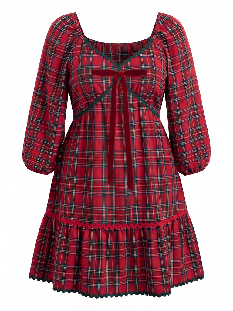 [Übergröße] Rotes 50er Swingkleid mit Karo und V-Ausschnitt
