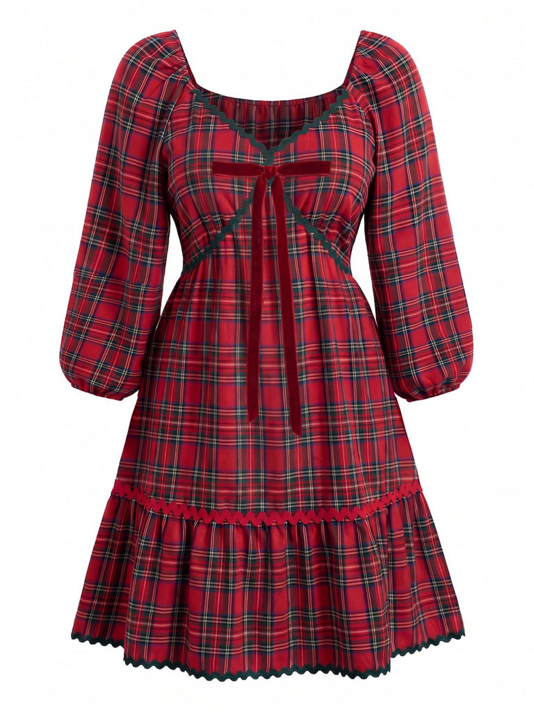 [Übergröße] Rotes 50er Swingkleid mit Karo und V-Ausschnitt
