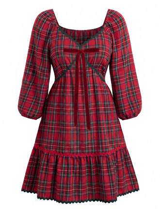 [Übergröße] Rotes 50er Swingkleid mit Karo und V-Ausschnitt