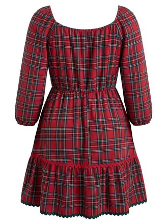 [Übergröße] Rotes 50er Swingkleid mit Karo und V-Ausschnitt