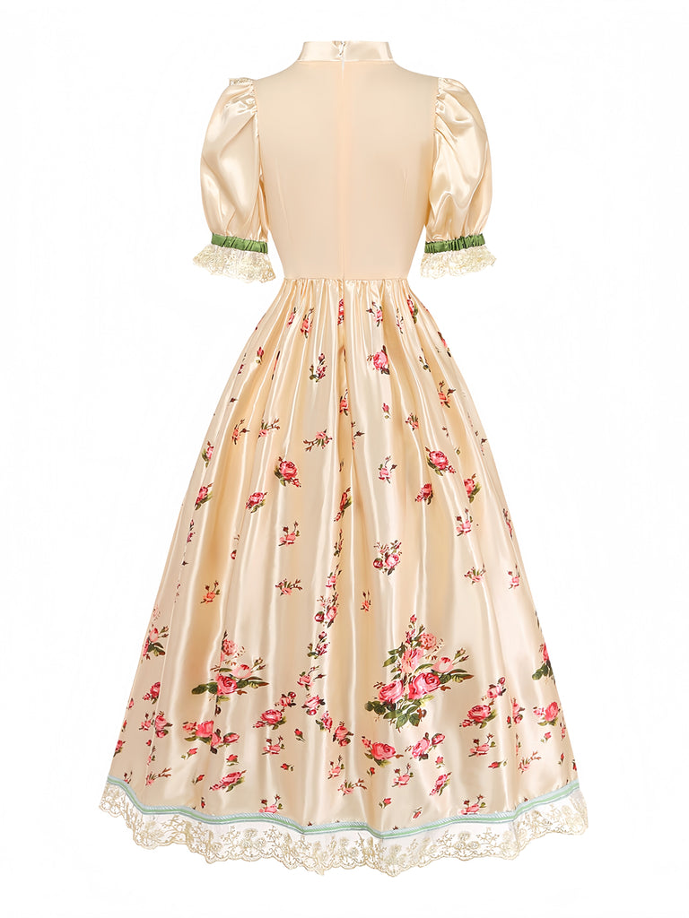 Rotes 40er Kleid mit Puffärmel und Blumen