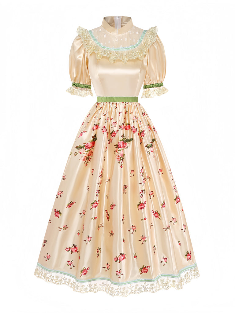 Rotes 40er Kleid mit Puffärmel und Blumen