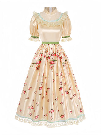 Rotes 40er Kleid mit Puffärmel und Blumen