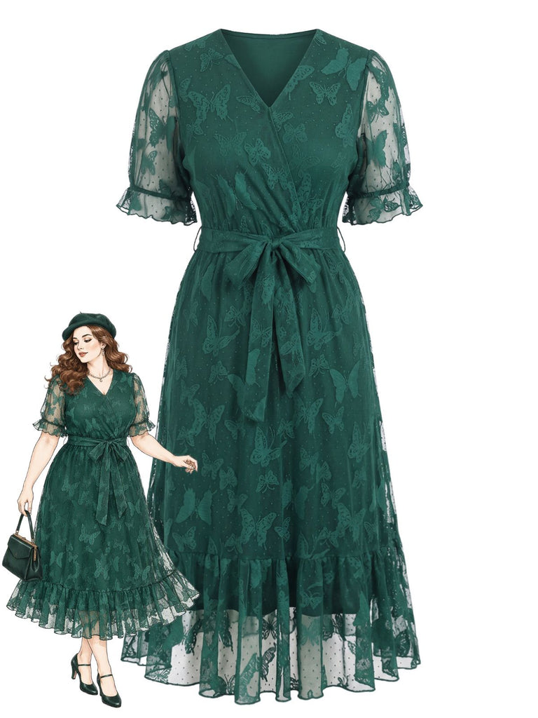 [Übergröße] Dunkelgrünes 50er V-Ausschnitt-Kleid mit Schmetterlingsspitze und Gürtel