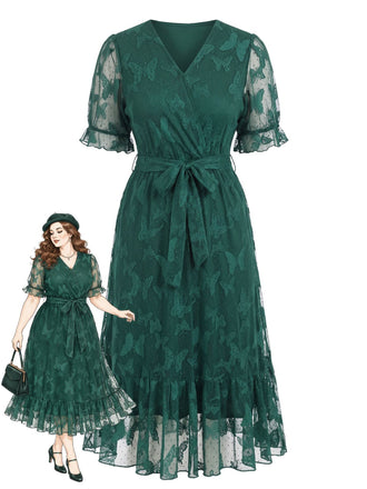 [Übergröße] Dunkelgrünes 50er V-Ausschnitt-Kleid mit Schmetterlingsspitze und Gürtel