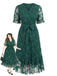 [Übergröße] Dunkelgrünes 50er V-Ausschnitt-Kleid mit Schmetterlingsspitze und Gürtel