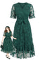 [Übergröße] Dunkelgrünes 50er V-Ausschnitt-Kleid mit Schmetterlingsspitze und Gürtel