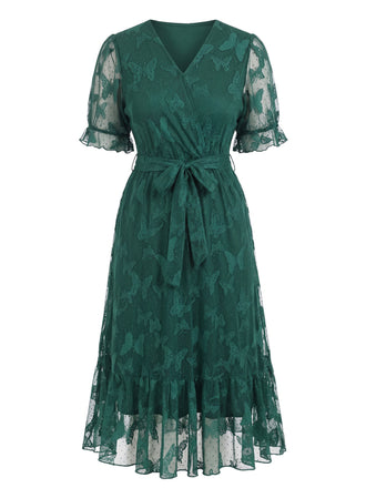 [Übergröße] Dunkelgrünes 50er V-Ausschnitt-Kleid mit Schmetterlingsspitze und Gürtel