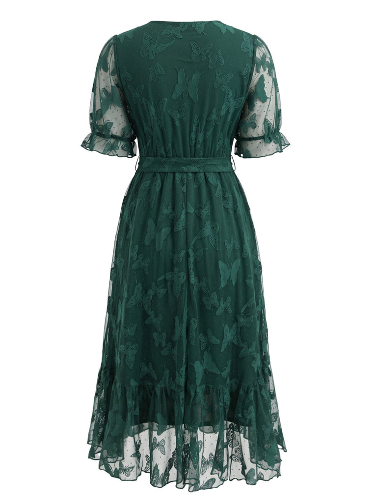 [Übergröße] Dunkelgrünes 50er V-Ausschnitt-Kleid mit Schmetterlingsspitze und Gürtel
