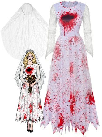 Weißes 40er Blutbrautkleid mit Blutflecken-Print und Spitzenärmeln