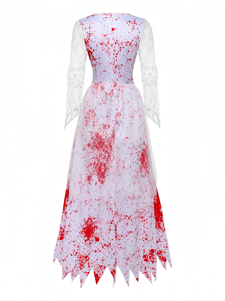 Weißes 40er Blutbrautkleid mit Blutflecken-Print und Spitzenärmeln