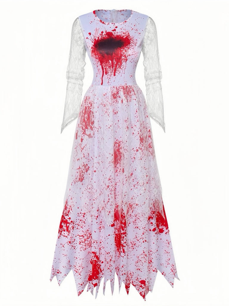 Weißes 40er Blutbrautkleid mit Blutflecken-Print und Spitzenärmeln