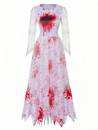 Weißes 40er Blutbrautkleid mit Blutflecken-Print und Spitzenärmeln