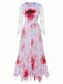 Weißes 40er Blutbrautkleid mit Blutflecken-Print und Spitzenärmeln