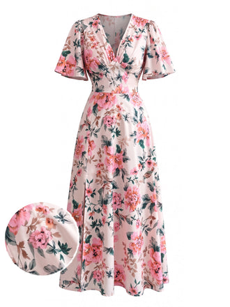 Rosa 50er Wickel-Midikleid mit Blumen und Flatterärmeln