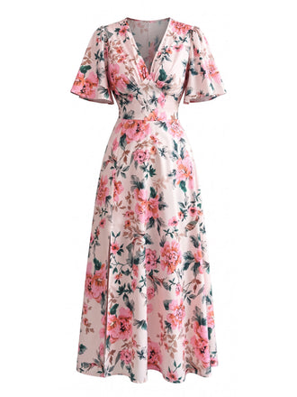 Rosa 50er Wickel-Midikleid mit Blumen und Flatterärmeln