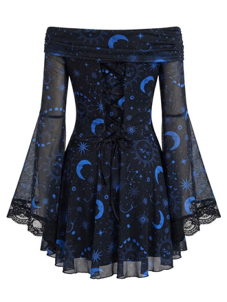 Blaues 70er schulterfreies Kleid mit Print und Spitze