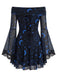 Blaues 70er schulterfreies Kleid mit Print und Spitze
