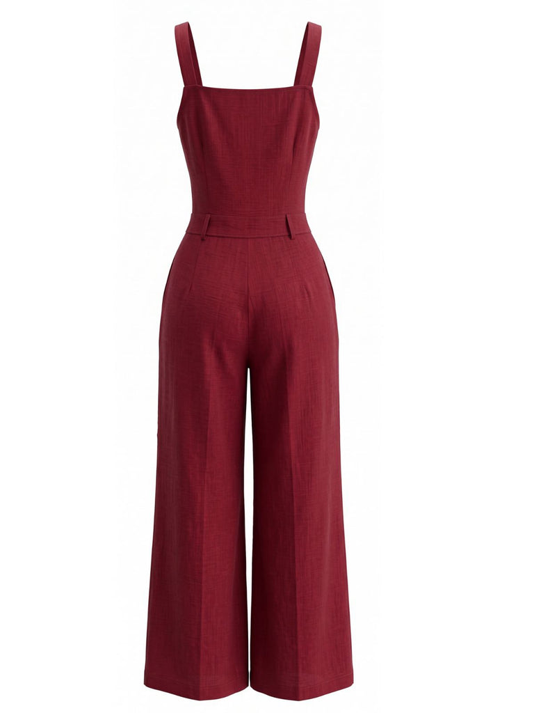 40er ärmelloser Jumpsuit mit Karree-Ausschnitt und Knopfleiste
