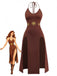 Braunes 80er Neckholder-Kleid mit Sonnenprint und Doppelschlitz