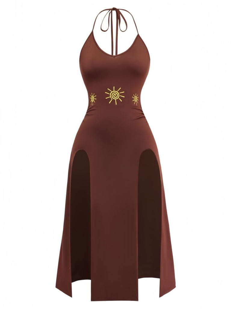 Braunes 80er Kleid mit Neckholder und Sonnenprint